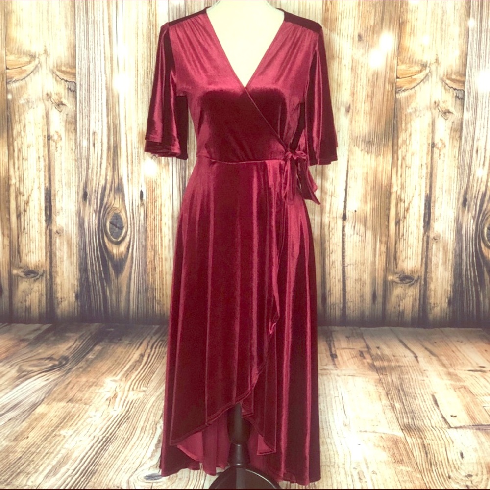 Burgundy Velvet Flounce Sleeves Fit & Flare Dress